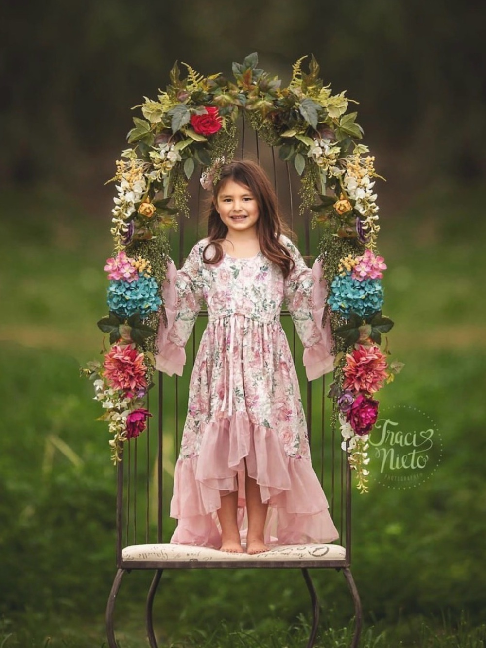 Girl's boho Fairycore Pink Floral Lace High-Low Ruffle Dress Sz 10